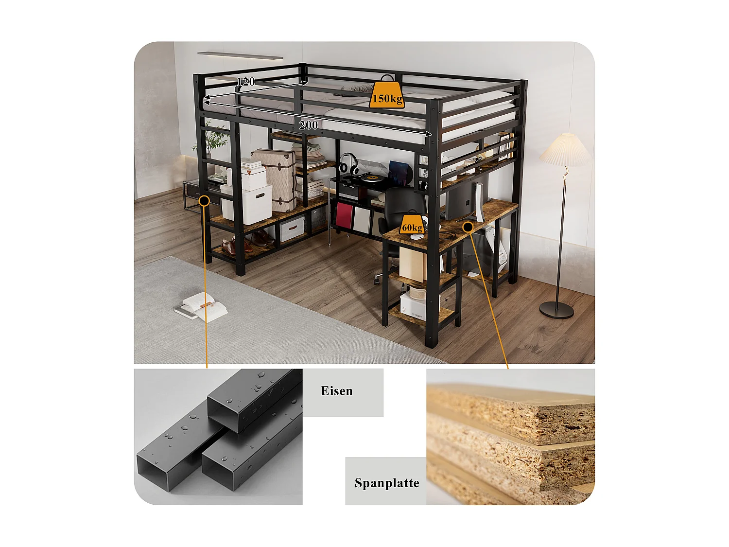 Lit mezzanine en fer - 120 x 200 cm - avec bureau + rangement - sommier à lattes - fer + aggloméré - noir