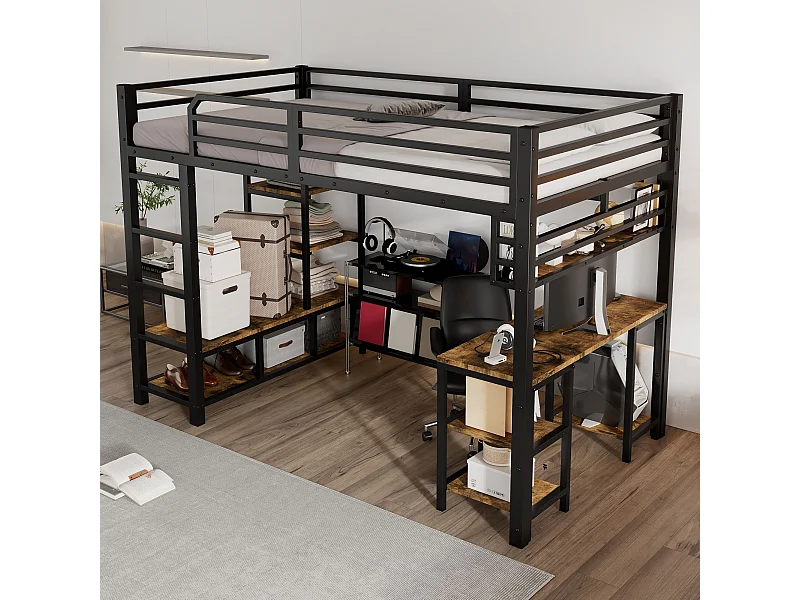 Lit mezzanine en fer - 120 x 200 cm - avec bureau + rangement - sommier à lattes - fer + aggloméré - noir