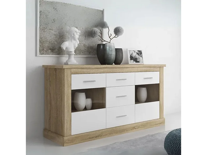 Aparador 2 Puertas y 3 Cajones, Buffet para Salón, Armario Auxiliar, Acabado en Color Cambria y Blanco, Medidas: 170,7 cm (Ancho) x 88,1 cm (Alto) x 4