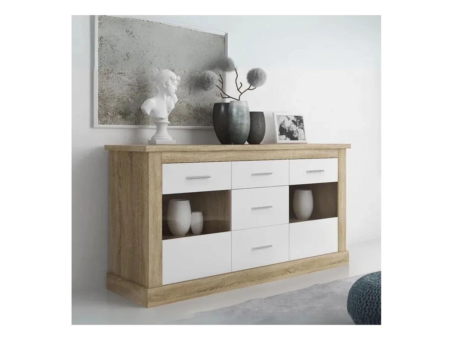 Aparador 2 Puertas y 3 Cajones, Buffet para Salón, Armario Auxiliar, Acabado en Color Cambria y Blanco, Medidas: 170,7 cm (Ancho) x 88,1 cm (Alto) x 4