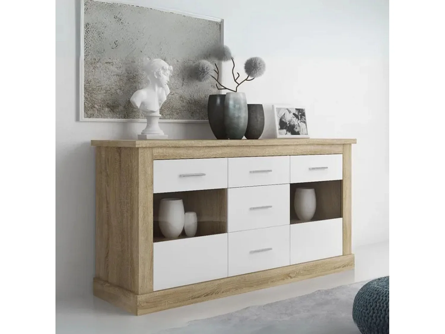 Aparador 2 Puertas y 3 Cajones, Buffet para Salón, Armario Auxiliar, Acabado en Color Cambria y Blanco, Medidas: 170,7 cm (Ancho) x 88,1 cm (Alto) x 4