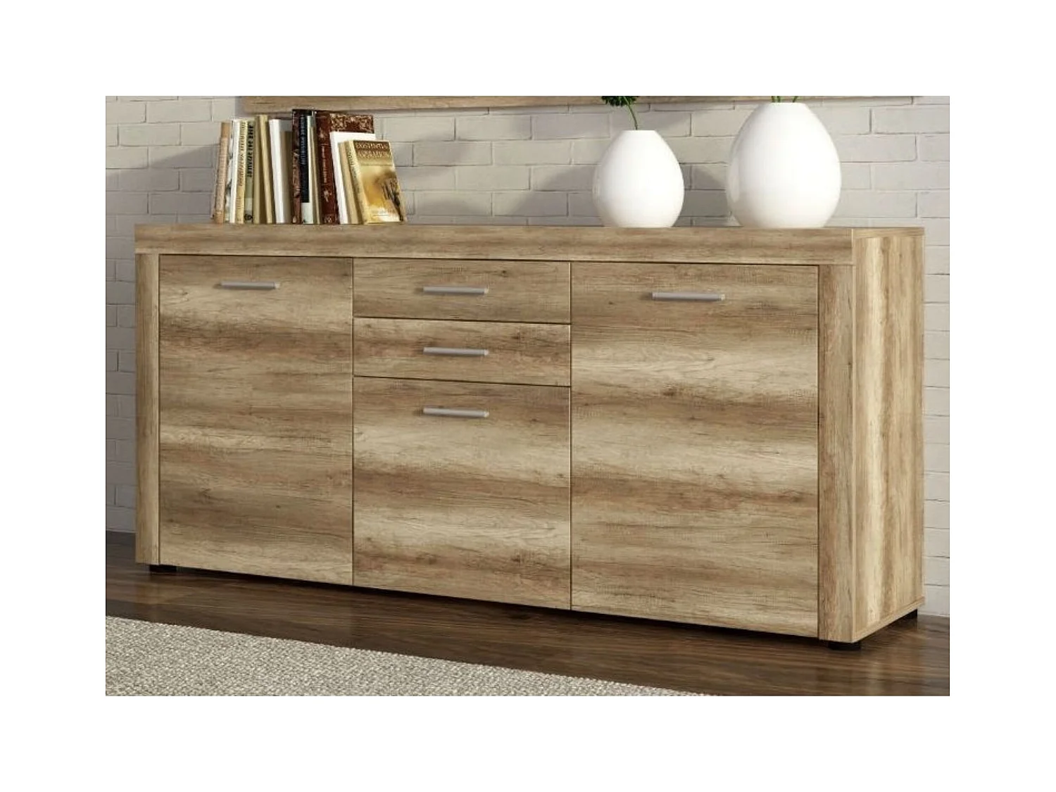 Aparador 2 Puertas y 3 Cajones, Buffet para Salón, Armario Auxiliar, Acabado en Color Cañon, Medidas: 166,8 cm (Ancho) x 77 cm (Alto) x 41 cm (Fondo)