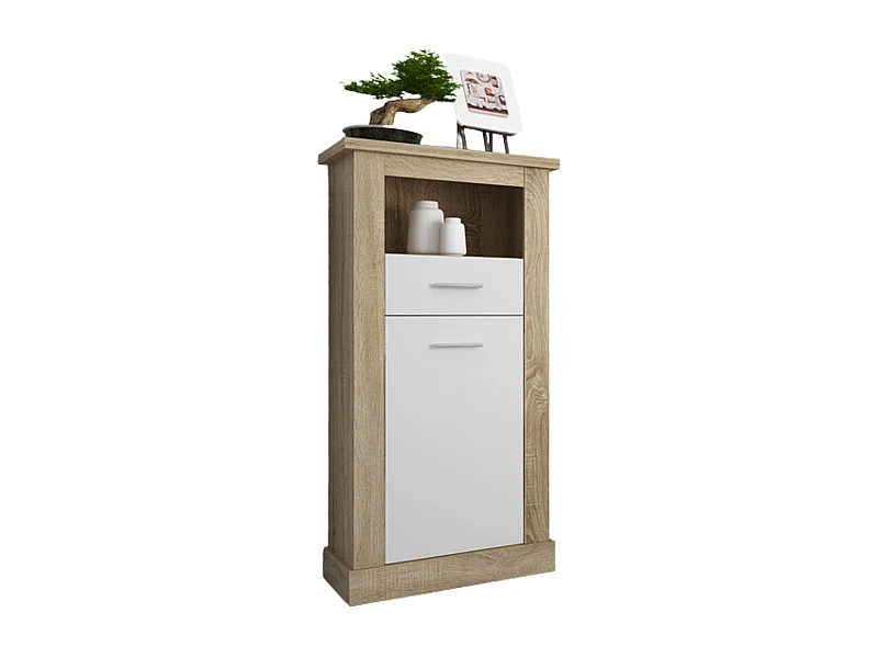 Bodeguero para Salón o Comedor, Práctico y Funcional, Color Cambria-Blanco, Fácil de Montar, Madera, 135cm (Alto) x 66cm (Ancho) x 36,6cm (Fondo)
