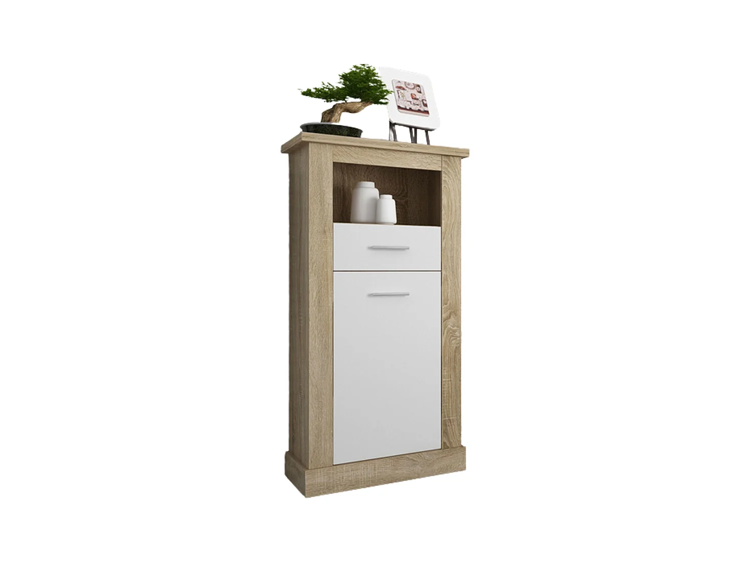Bodeguero para Salón o Comedor, Práctico y Funcional, Color Cambria-Blanco, Fácil de Montar, Madera, 135cm (Alto) x 66cm (Ancho) x 36,6cm (Fondo)