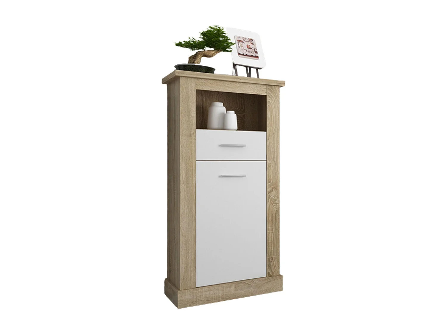 Bodeguero para Salón o Comedor, Práctico y Funcional, Color Cambria-Blanco, Fácil de Montar, Madera, 135cm (Alto) x 66cm (Ancho) x 36,6cm (Fondo)