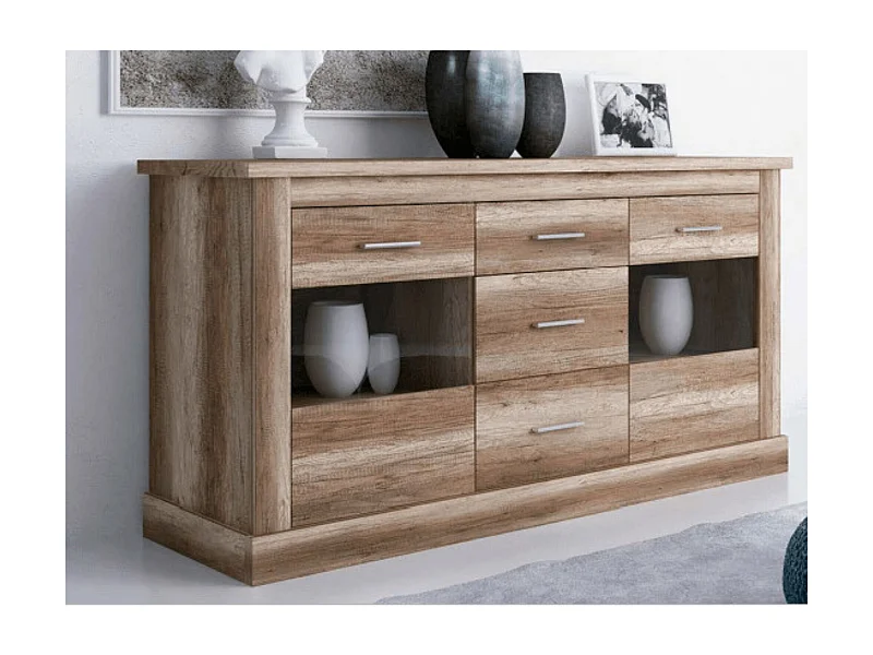 Aparador 2 Puertas y 3 Cajones, Buffet para Salón, Armario Auxiliar, Acabado en Color Cañón, Medidas: 170,7 cm (Ancho) x 88,1 cm (Alto) x 49,8 cm (Fon