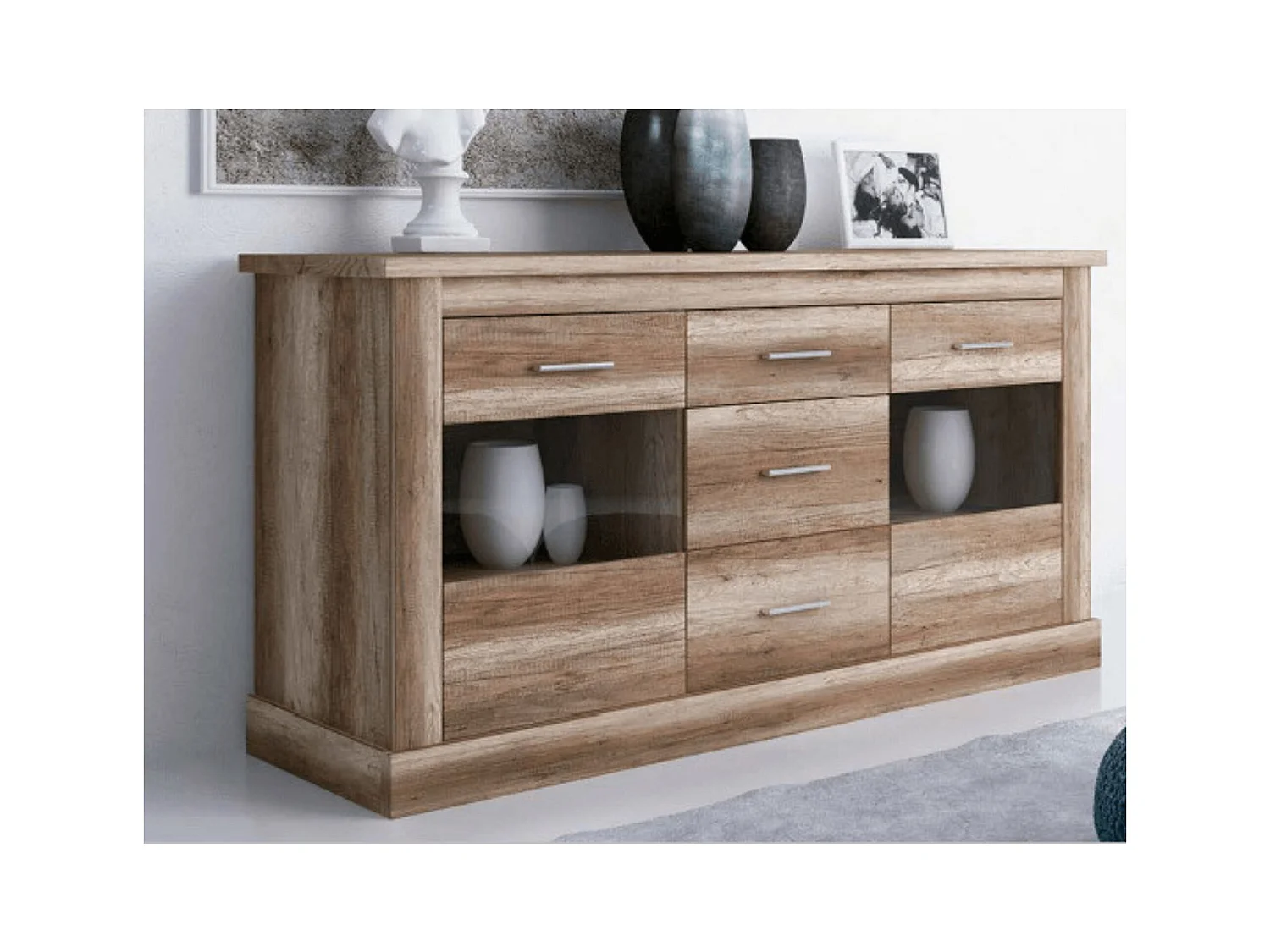 Aparador 2 Puertas y 3 Cajones, Buffet para Salón, Armario Auxiliar, Acabado en Color Cañón, Medidas: 170,7 cm (Ancho) x 88,1 cm (Alto) x 49,8 cm (Fon