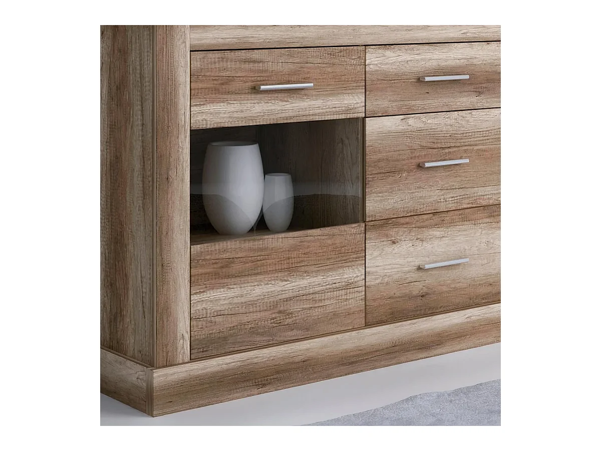 Aparador 2 Puertas y 3 Cajones, Buffet para Salón, Armario Auxiliar, Acabado en Color Cañón, Medidas: 170,7 cm (Ancho) x 88,1 cm (Alto) x 49,8 cm (Fon