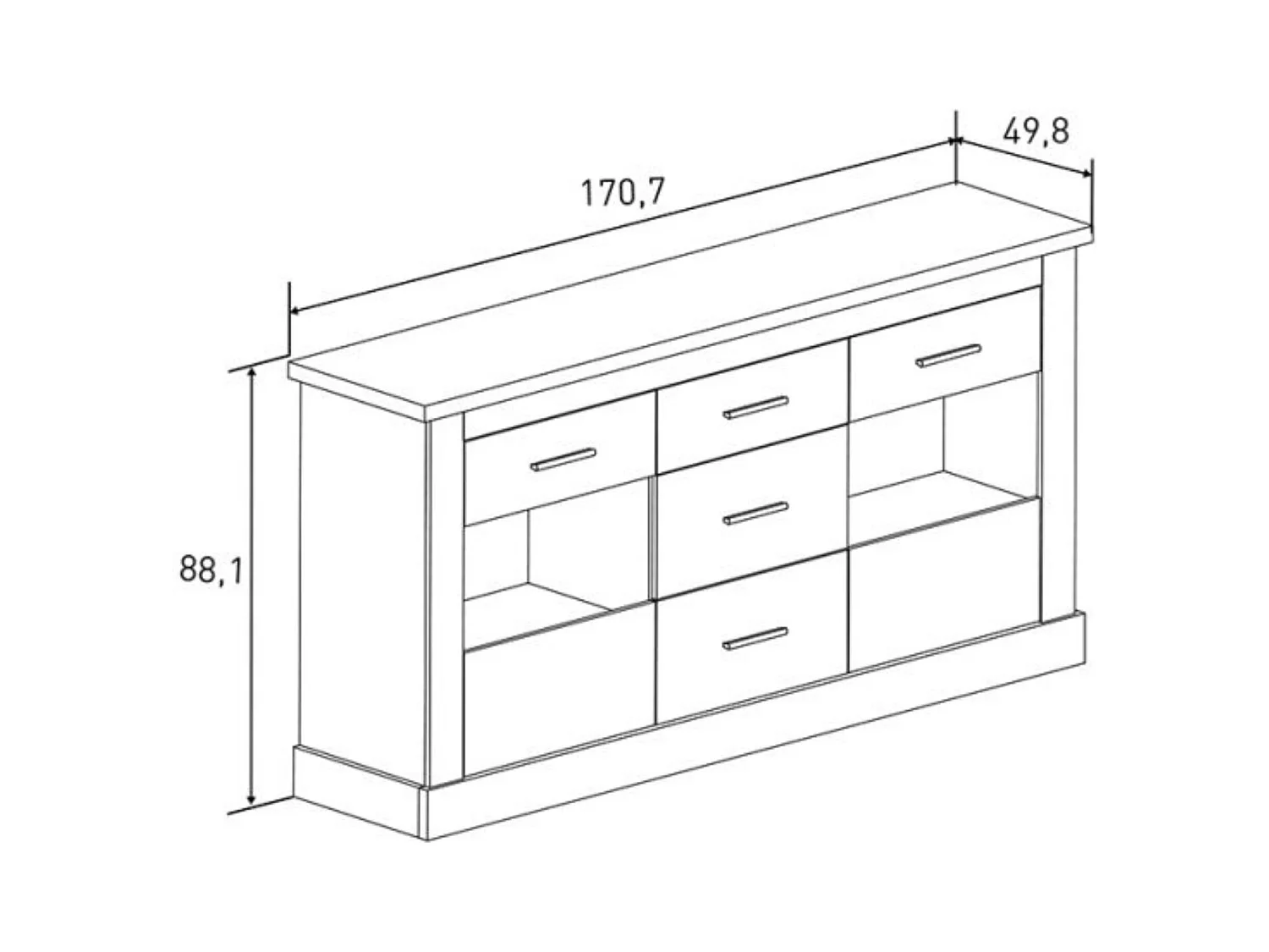 Aparador 2 Puertas y 3 Cajones, Buffet para Salón, Armario Auxiliar, Acabado en Color Cañón, Medidas: 170,7 cm (Ancho) x 88,1 cm (Alto) x 49,8 cm (Fon