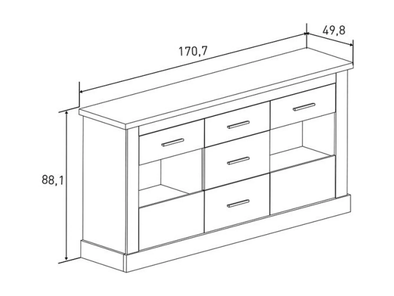 Aparador 2 Puertas y 3 Cajones, Buffet para Salón, Armario Auxiliar, Acabado en Color Cañón, Medidas: 170,7 cm (Ancho) x 88,1 cm (Alto) x 49,8 cm (Fon