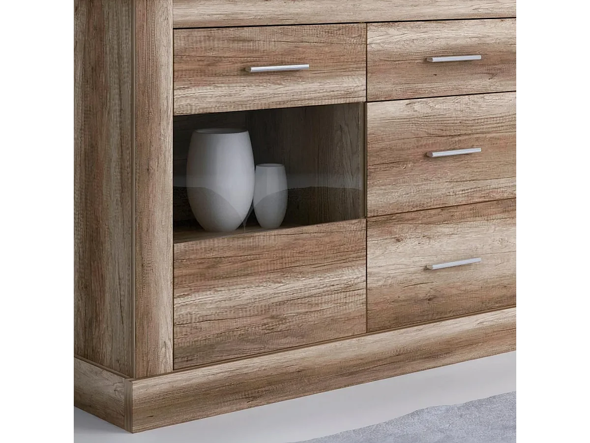 Aparador 2 Puertas y 3 Cajones, Buffet para Salón, Armario Auxiliar, Acabado en Color Cañón, Medidas: 170,7 cm (Ancho) x 88,1 cm (Alto) x 49,8 cm (Fon