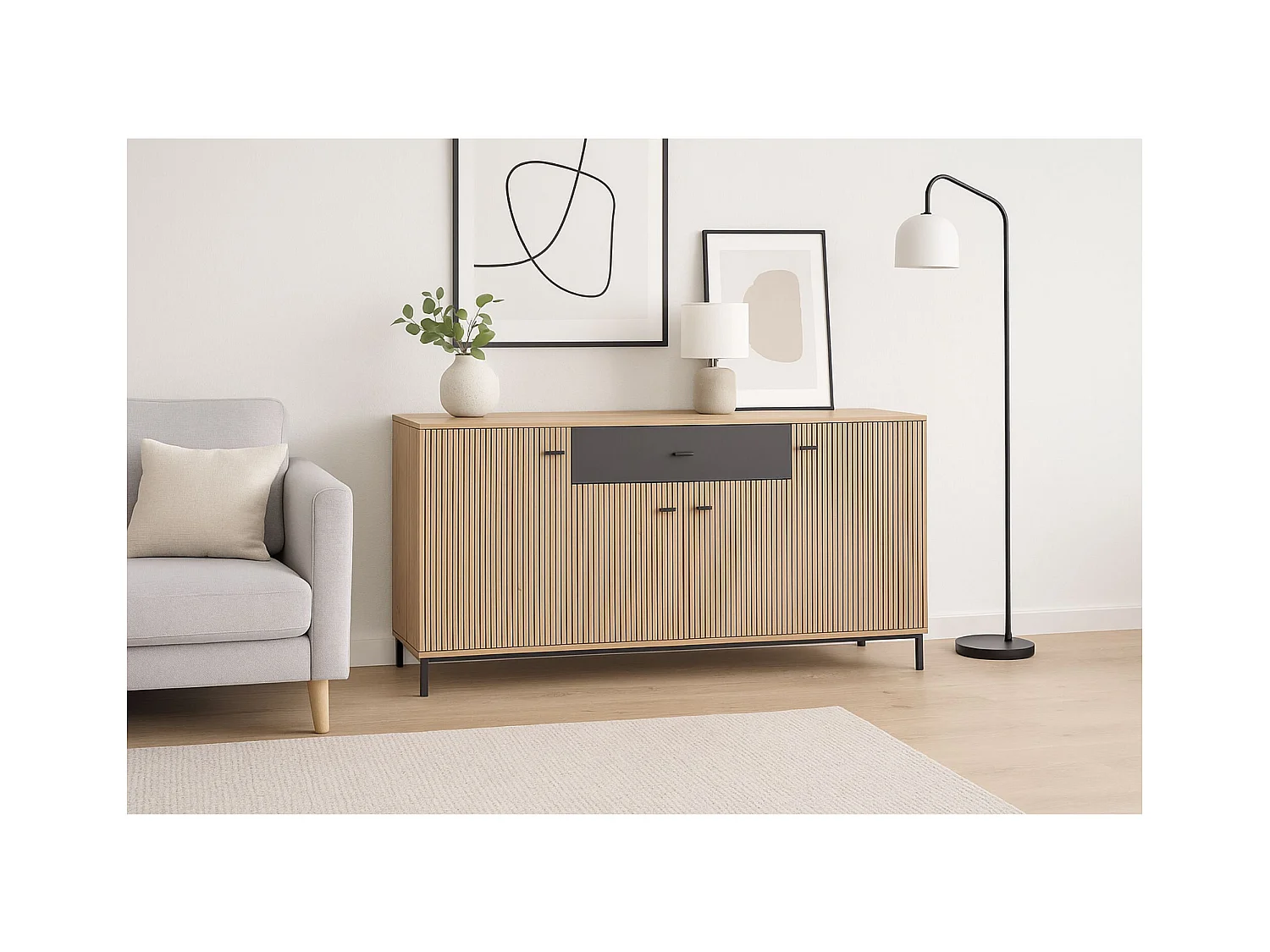 Aparador de Salón 170 cm – Color Roble Artisan y Negro, con Efecto Alistonado, 170x40x90 cm, Melamina Resistente, Tiradores y Patas en PVC, Formato KI