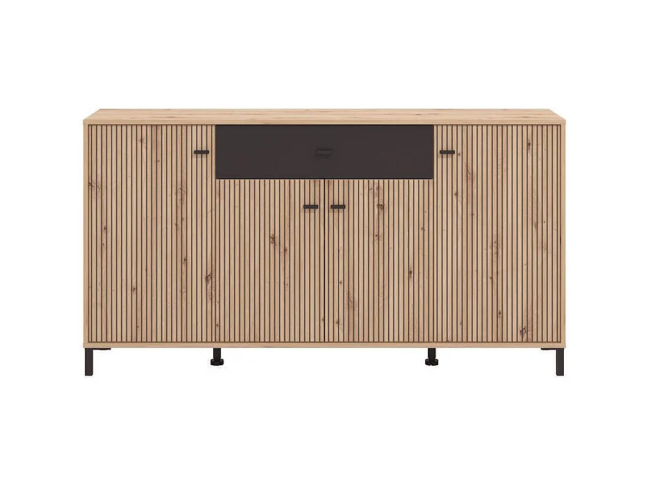 Aparador de Salón 170 cm – Color Roble Artisan y Negro, con Efecto Alistonado, 170x40x90 cm, Melamina Resistente, Tiradores y Patas en PVC, Formato KI