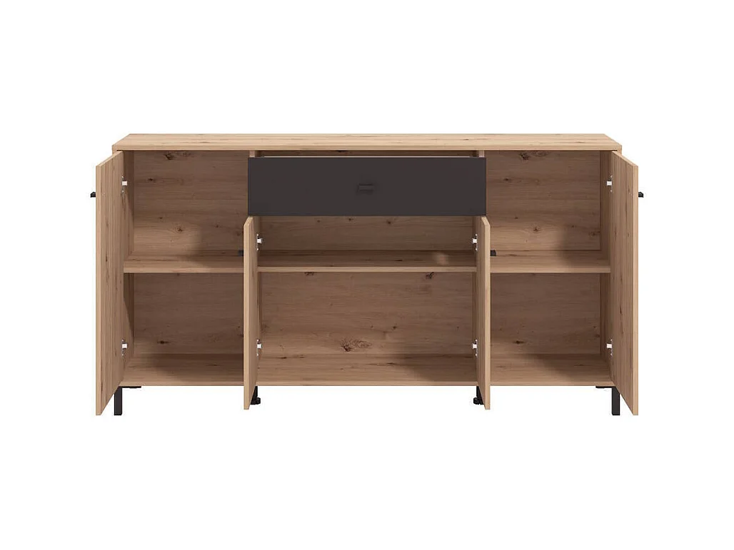 Aparador de Salón 170 cm – Color Roble Artisan y Negro, con Efecto Alistonado, 170x40x90 cm, Melamina Resistente, Tiradores y Patas en PVC, Formato KI