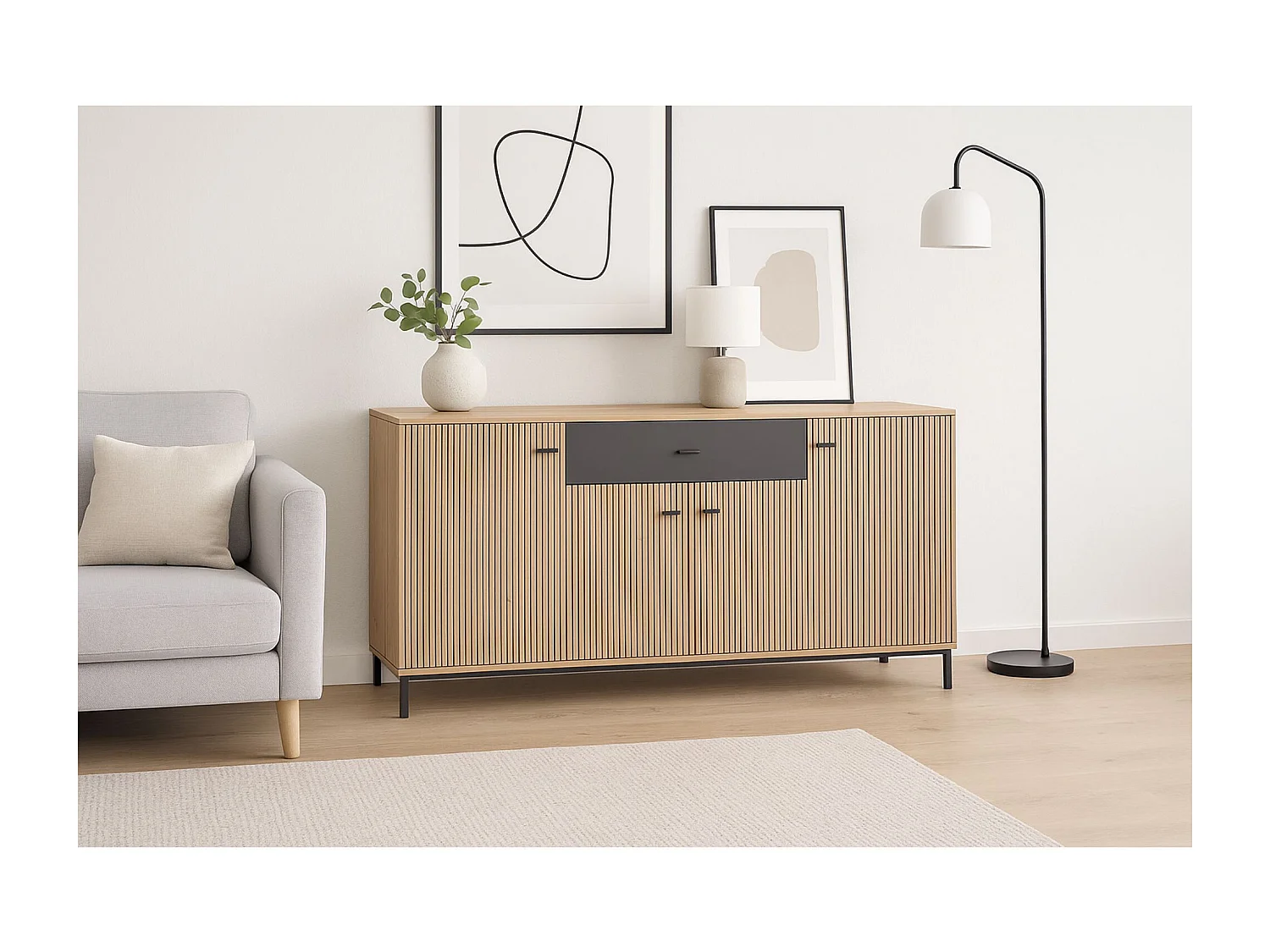 Aparador de Salón 170 cm – Color Roble Artisan y Negro, con Efecto Alistonado, 170x40x90 cm, Melamina Resistente, Tiradores y Patas en PVC, Formato KI