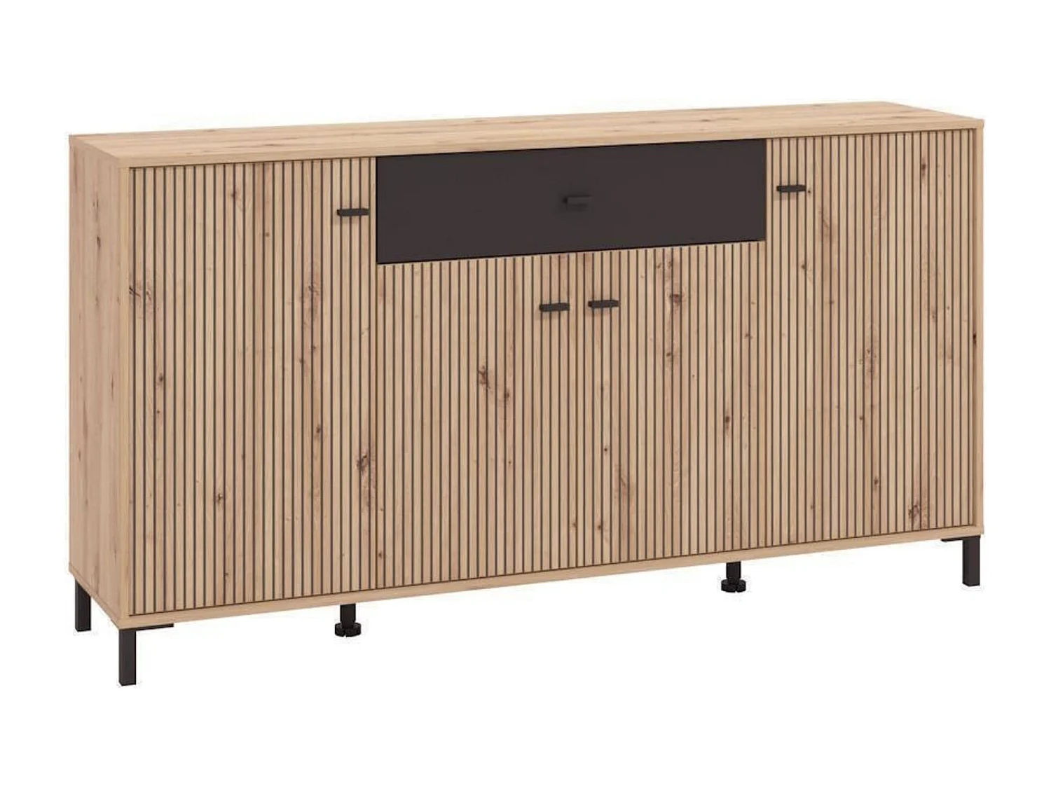 Aparador de Salón 170 cm – Color Roble Artisan y Negro, con Efecto Alistonado, 170x40x90 cm, Melamina Resistente, Tiradores y Patas en PVC, Formato KI