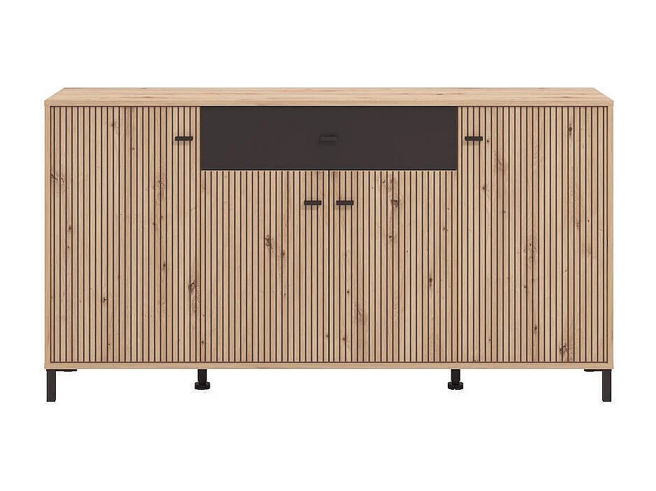 Aparador de Salón 170 cm – Color Roble Artisan y Negro, con Efecto Alistonado, 170x40x90 cm, Melamina Resistente, Tiradores y Patas en PVC, Formato KI