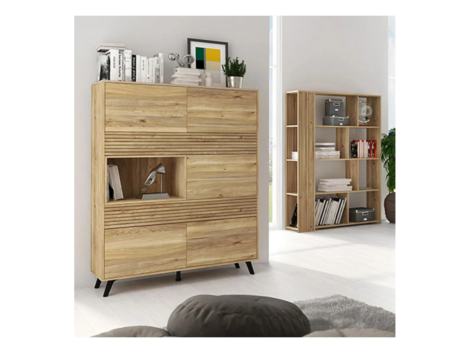 Mueble Vitrina para Salón o Comedor, Mueble de salón, Aparador cocina, Color Mauvella-rayas, Medidas: 120 cm (Ancho) x 156 cm (Alto) x 40 cm (Fondo).