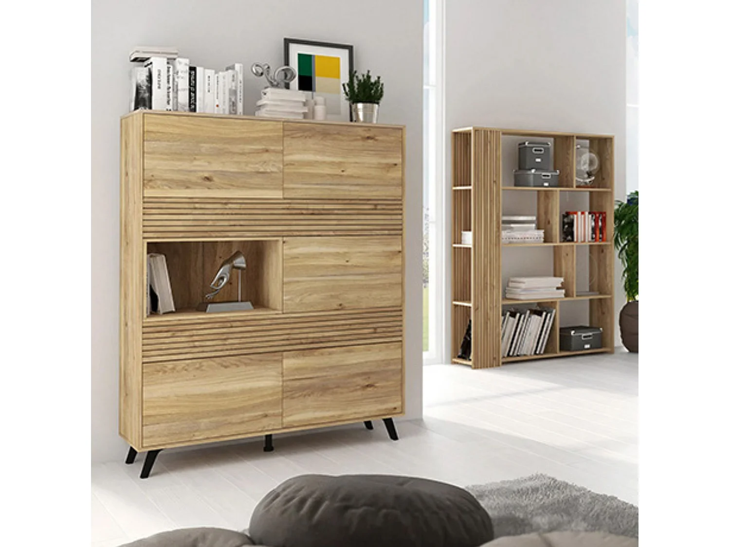 Mueble Vitrina para Salón o Comedor, Mueble de salón, Aparador cocina, Color Mauvella-rayas, Medidas: 120 cm (Ancho) x 156 cm (Alto) x 40 cm (Fondo).