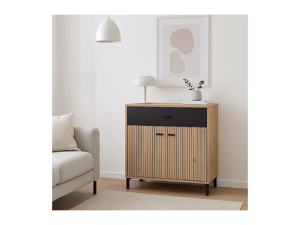 Aparador Auxiliar 80 cm – Color Roble Artisan y Negro, con Efecto Alistonado, 80x40x90 cm, Melamina Resistente, Tiradores y Patas en PVC, Formato KIT