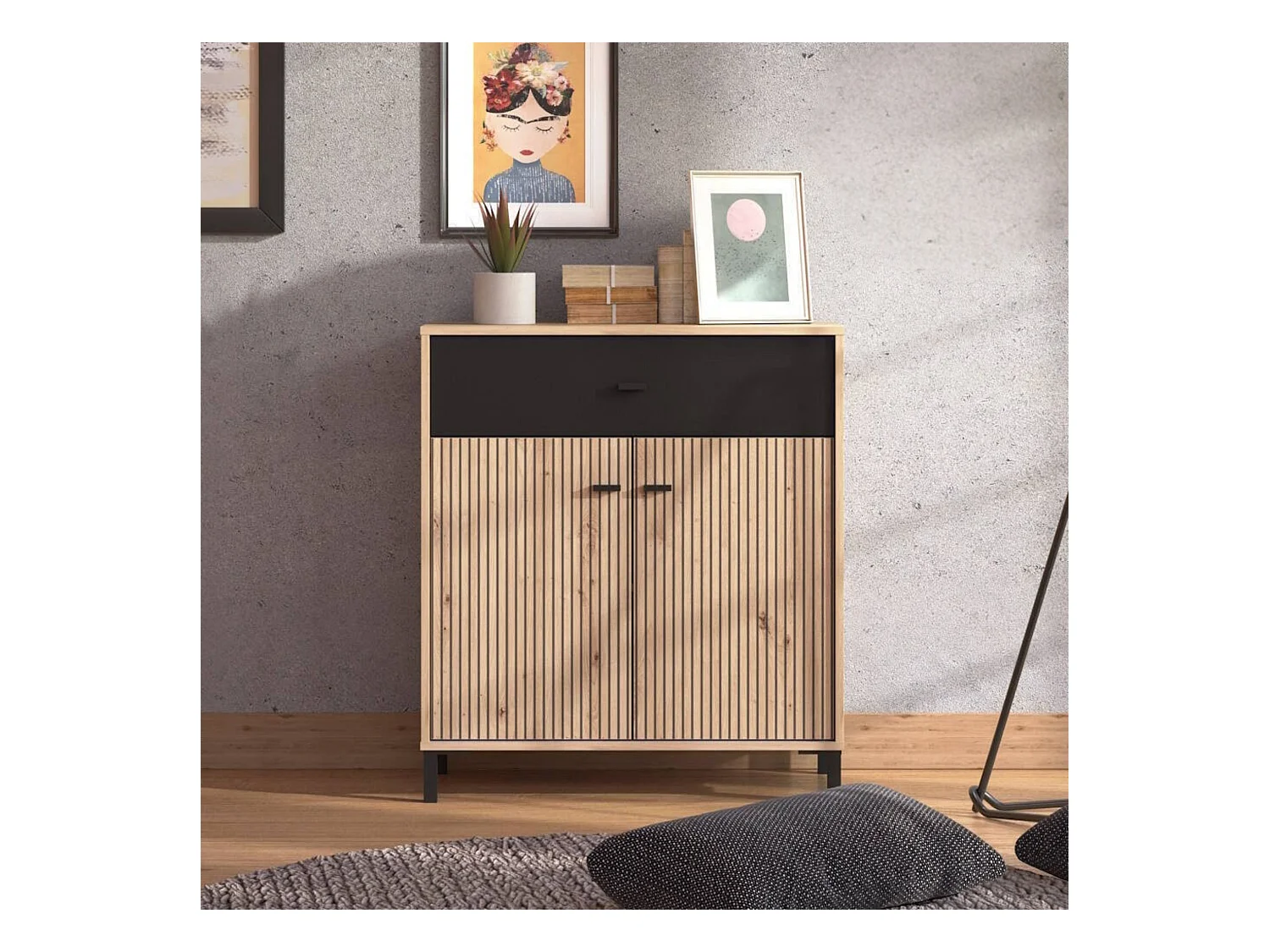 Aparador Auxiliar 80 cm – Color Roble Artisan y Negro, con Efecto Alistonado, 80x40x90 cm, Melamina Resistente, Tiradores y Patas en PVC, Formato KIT