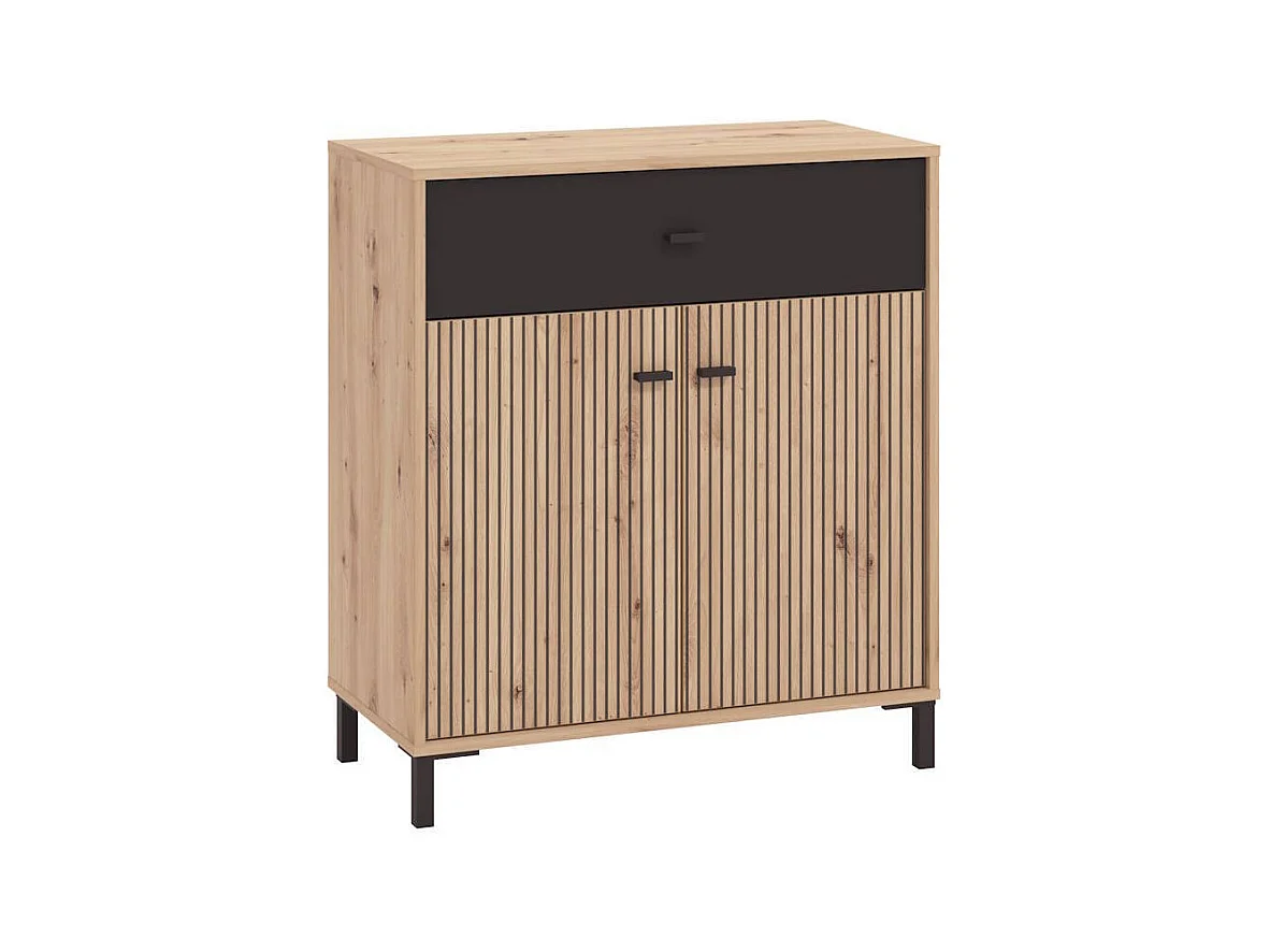 Aparador Auxiliar 80 cm – Color Roble Artisan y Negro, con Efecto Alistonado, 80x40x90 cm, Melamina Resistente, Tiradores y Patas en PVC, Formato KIT