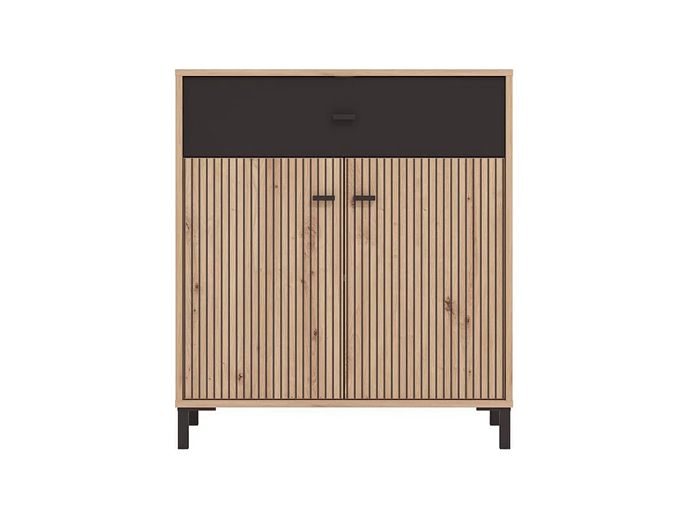 Aparador Auxiliar 80 cm – Color Roble Artisan y Negro, con Efecto Alistonado, 80x40x90 cm, Melamina Resistente, Tiradores y Patas en PVC, Formato KIT