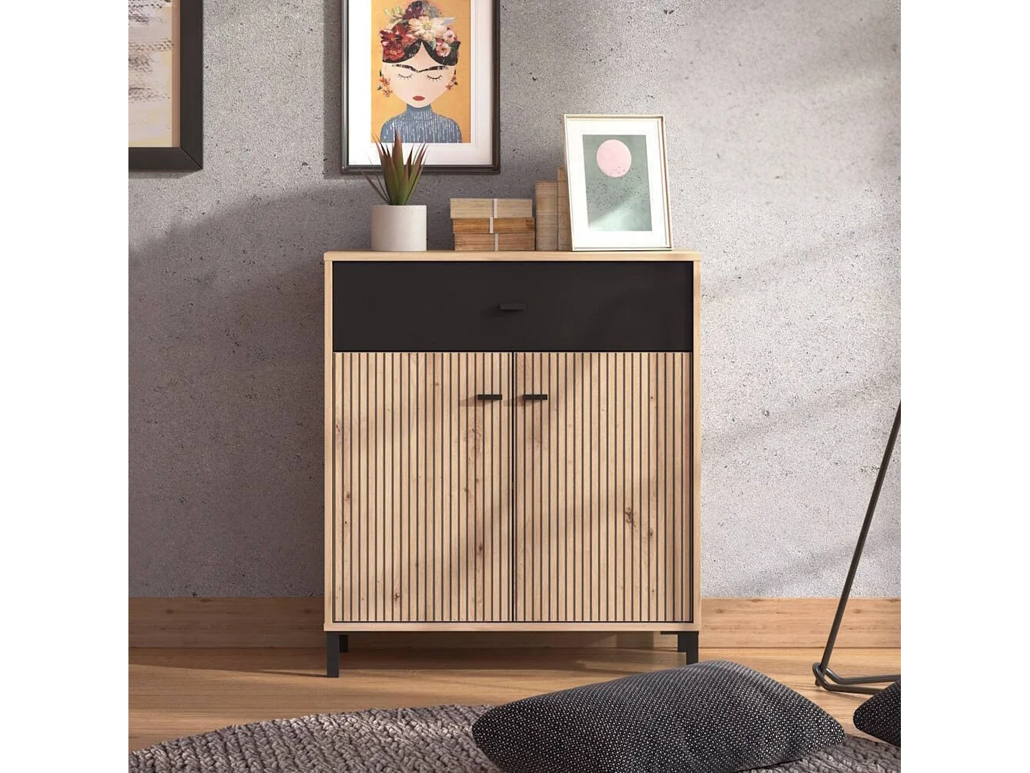 Aparador Auxiliar 80 cm – Color Roble Artisan y Negro, con Efecto Alistonado, 80x40x90 cm, Melamina Resistente, Tiradores y Patas en PVC, Formato KIT