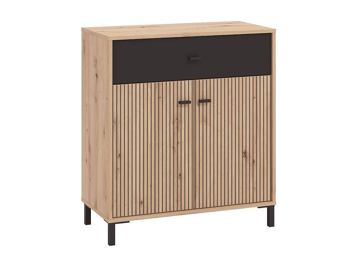 Aparador Auxiliar 80 cm – Color Roble Artisan y Negro, con Efecto Alistonado, 80x40x90 cm, Melamina Resistente, Tiradores y Patas en PVC, Formato KIT