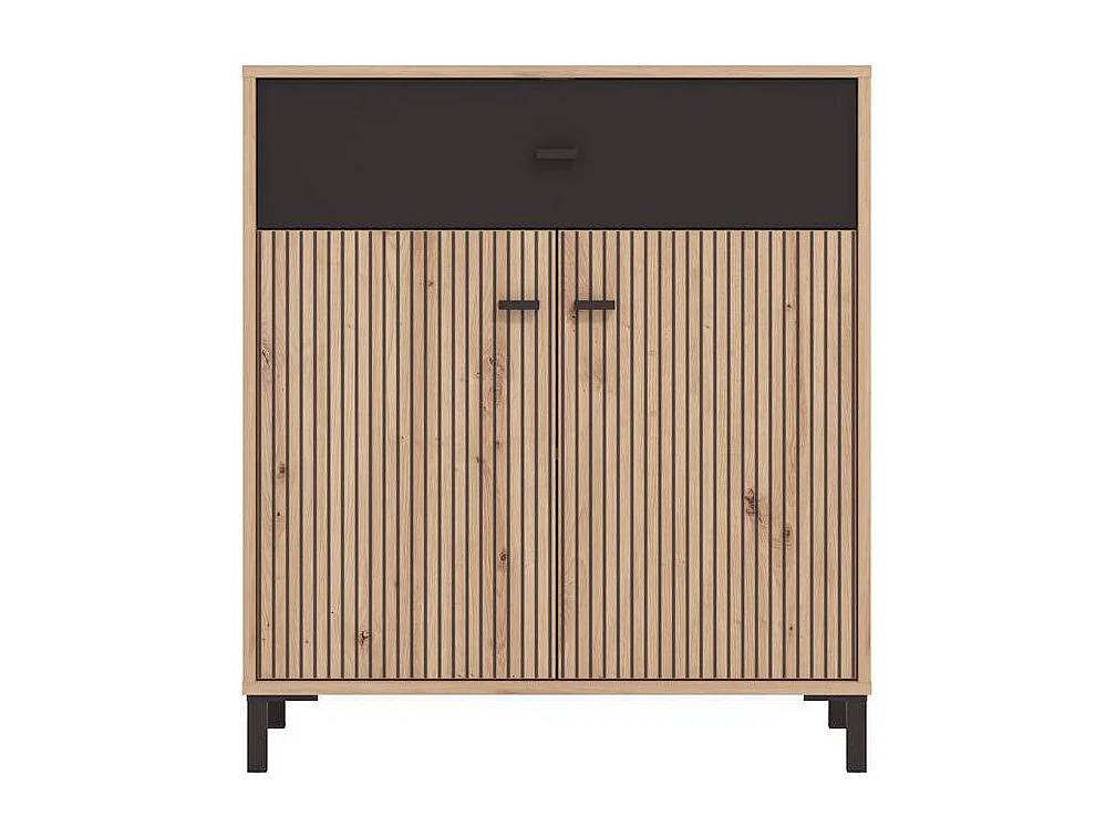 Aparador Auxiliar 80 cm – Color Roble Artisan y Negro, con Efecto Alistonado, 80x40x90 cm, Melamina Resistente, Tiradores y Patas en PVC, Formato KIT