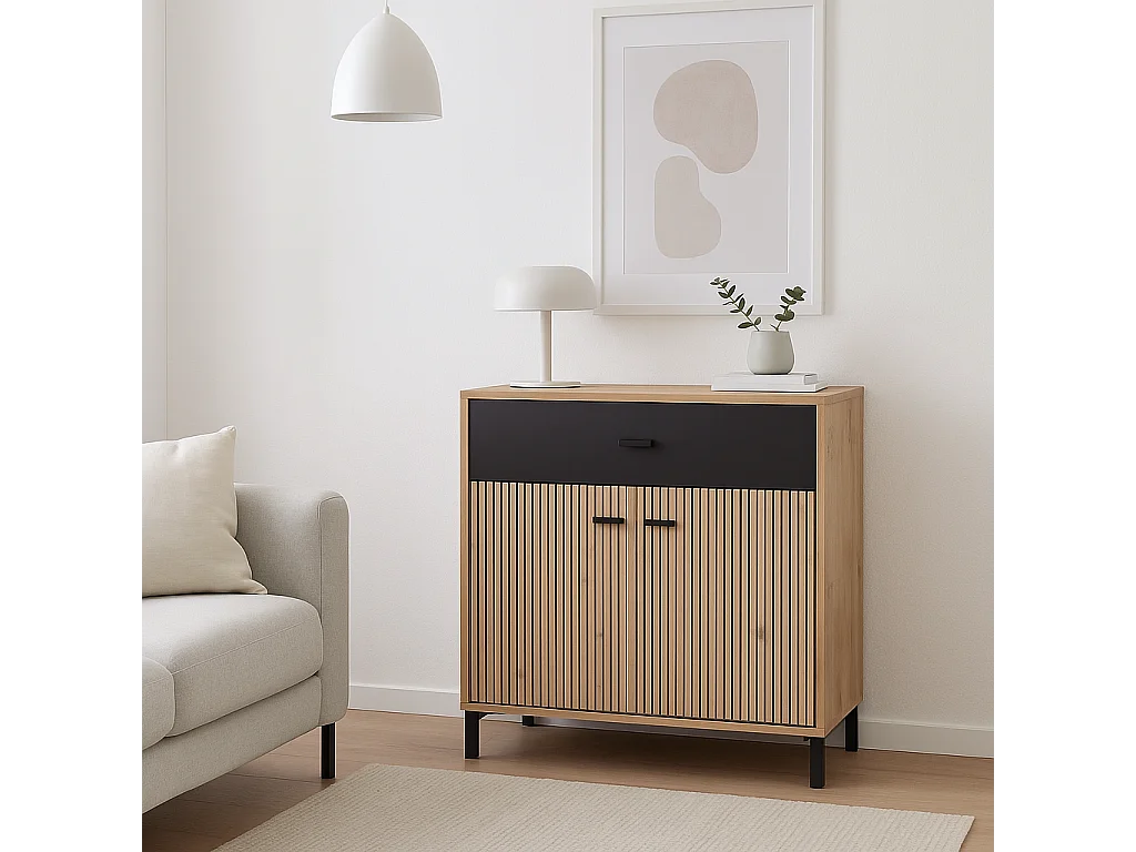 Aparador Auxiliar 80 cm – Color Roble Artisan y Negro, con Efecto Alistonado, 80x40x90 cm, Melamina Resistente, Tiradores y Patas en PVC, Formato KIT