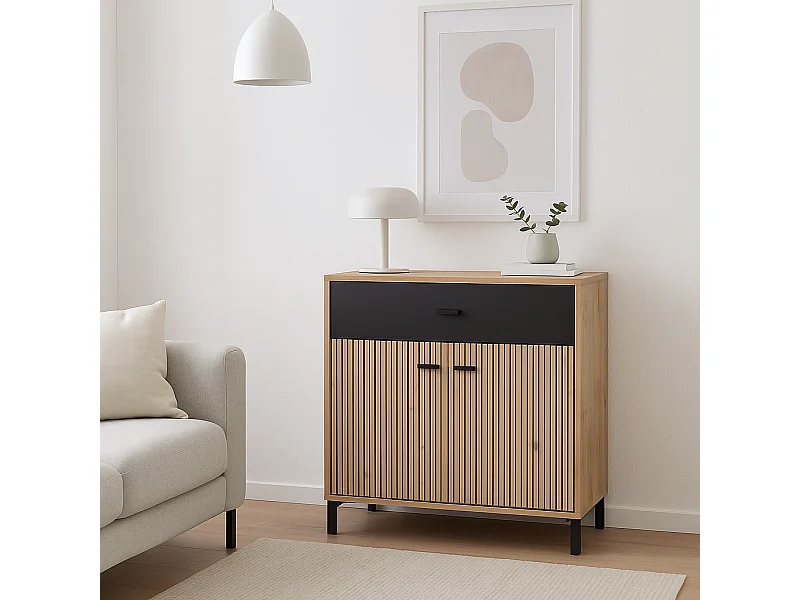 Aparador Auxiliar 80 cm – Color Roble Artisan y Negro, con Efecto Alistonado, 80x40x90 cm, Melamina Resistente, Tiradores y Patas en PVC, Formato KIT