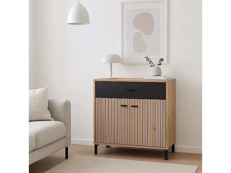 Aparador Auxiliar 80 cm – Color Roble Artisan y Negro, con Efecto Alistonado, 80x40x90 cm, Melamina Resistente, Tiradores y Patas en PVC, Formato KIT