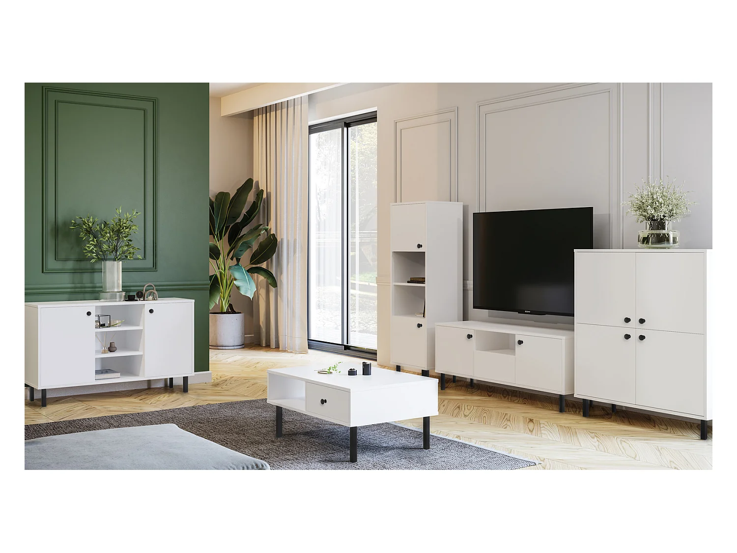 Cómoda Aparador de salón Color Blanco 137x40x73 cm con 2 Puertas y Estantes Abiertos – Diseño Elegante y Versátil para Salón, Dormitorio u Oficina