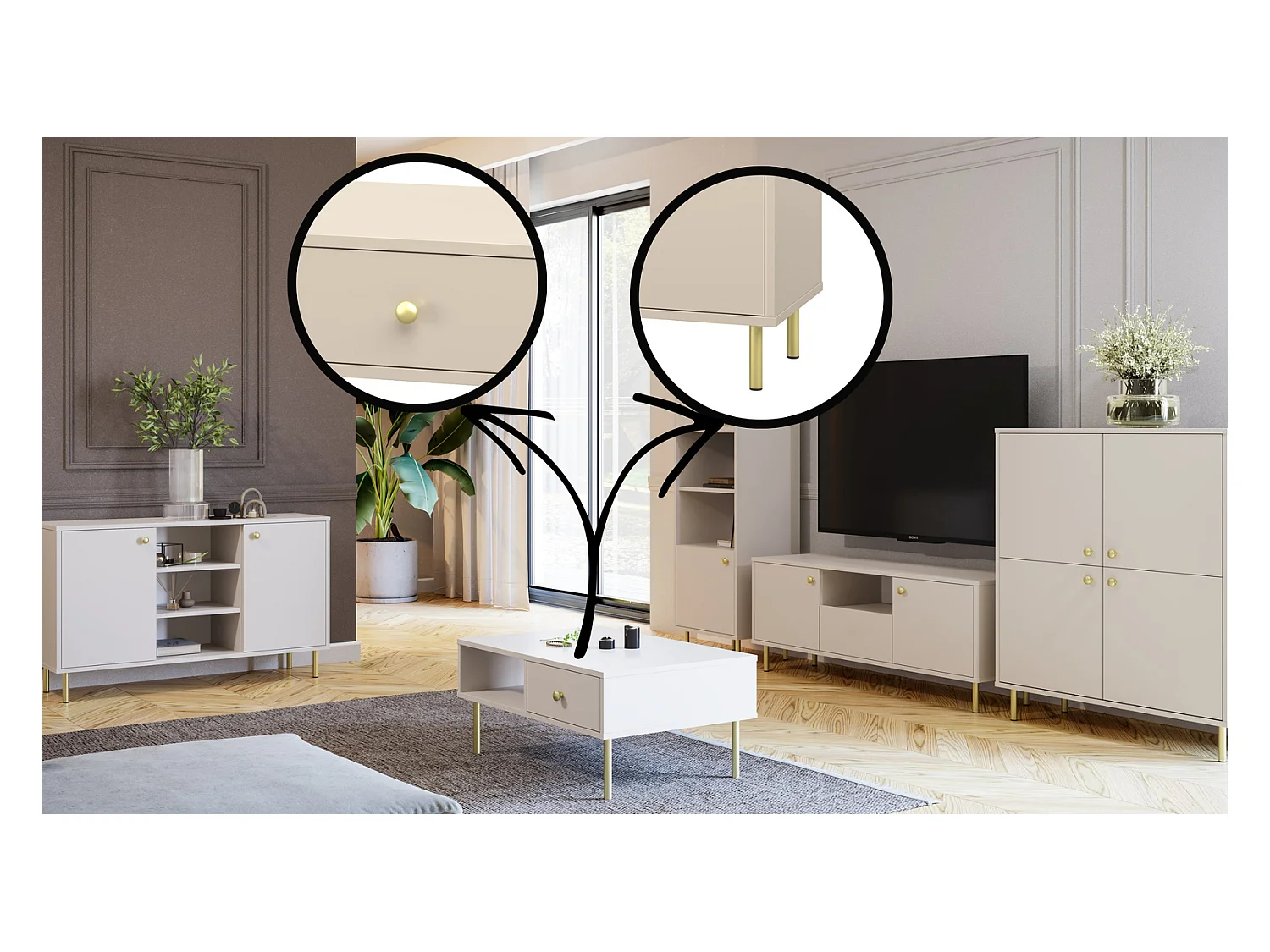 Cómoda Aparador de salón Color Cachemira 137x40x73 cm con 2 Puertas y Estantes Abiertos – Diseño Elegante y Versátil para Salón, Dormitorio u Oficina