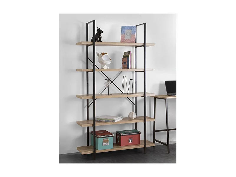 Estantería de Salón 5 Baldas – 100x32,5x174 cm, Estructura Metálica Negra y Baldas en Roble, Estilo Industrial Moderno, Capacidad 10 kg por Balda, KIT