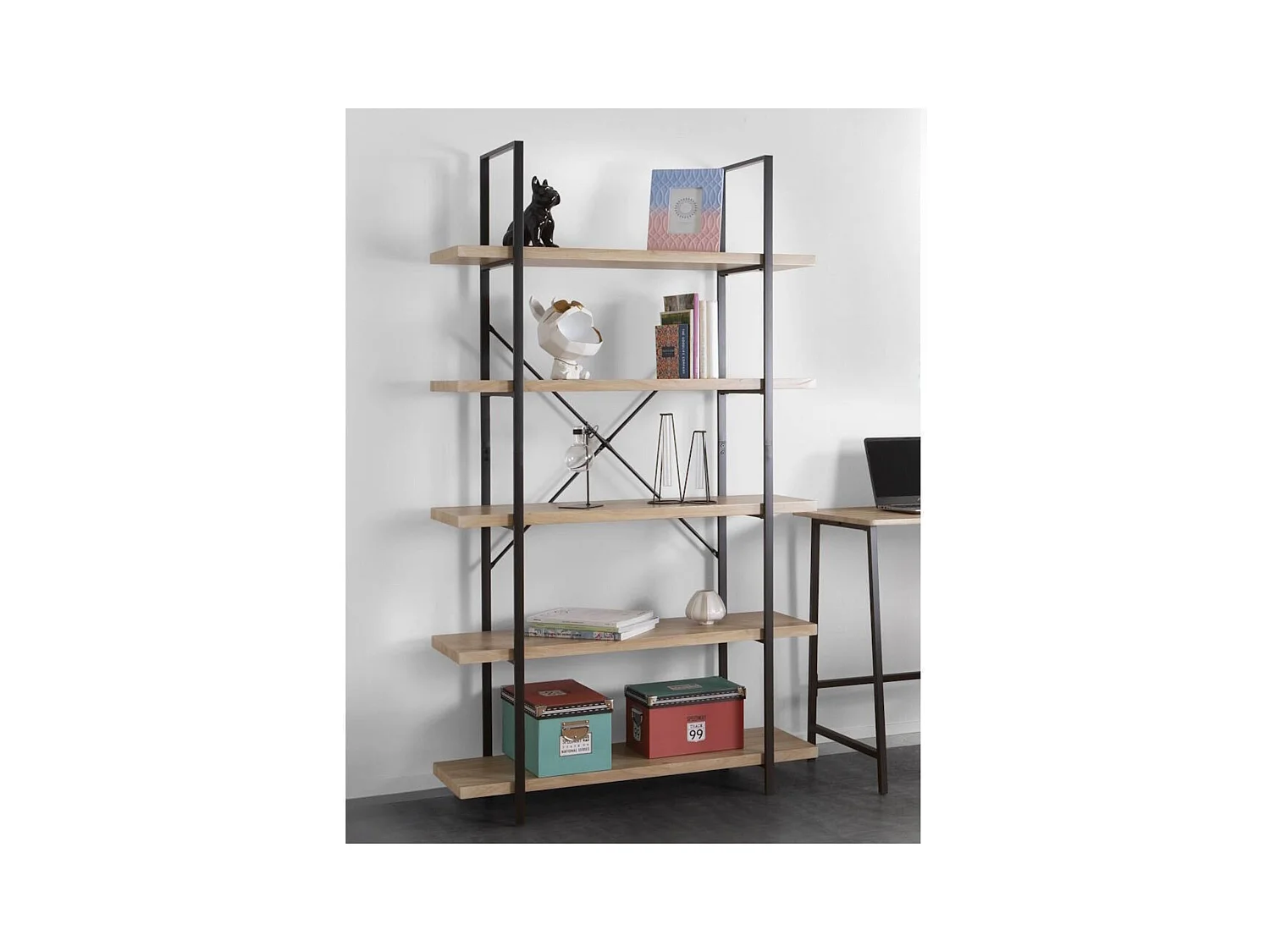 Estantería de Salón 5 Baldas – 100x32,5x174 cm, Estructura Metálica Negra y Baldas en Roble, Estilo Industrial Moderno, Capacidad 10 kg por Balda, KIT