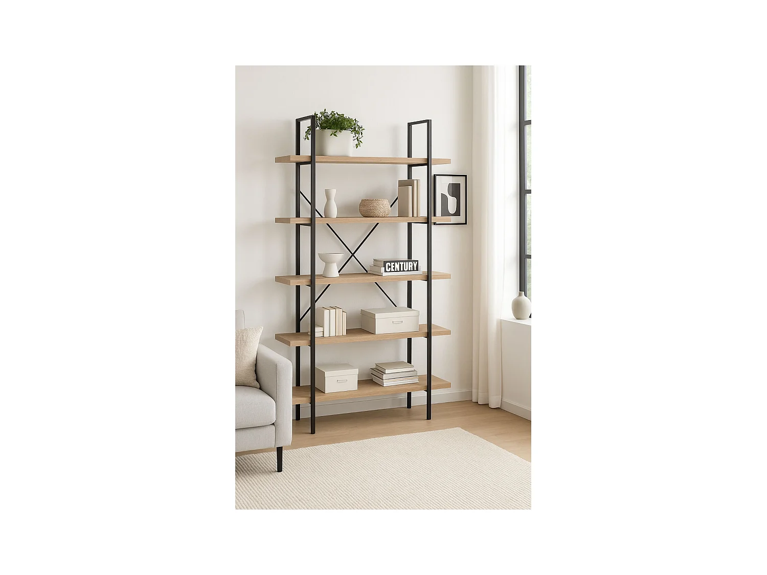 Estantería de Salón 5 Baldas – 100x32,5x174 cm, Estructura Metálica Negra y Baldas en Roble, Estilo Industrial Moderno, Capacidad 10 kg por Balda, KIT