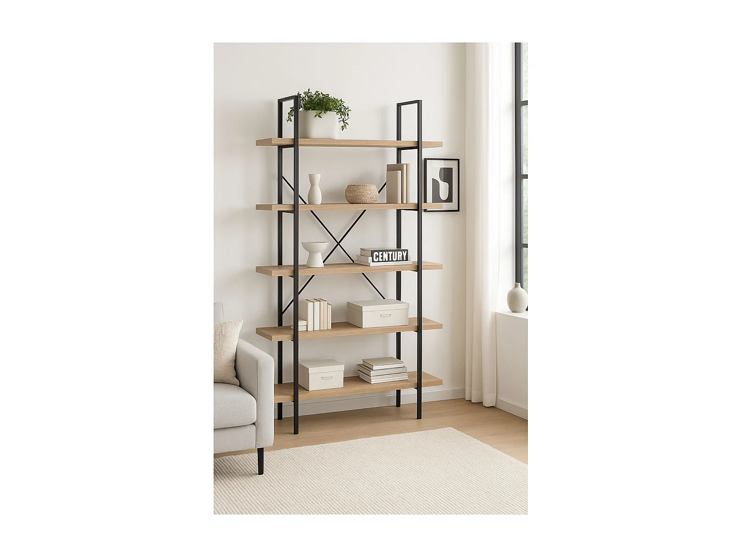 Estantería de Salón 5 Baldas – 100x32,5x174 cm, Estructura Metálica Negra y Baldas en Roble, Estilo Industrial Moderno, Capacidad 10 kg por Balda, KIT