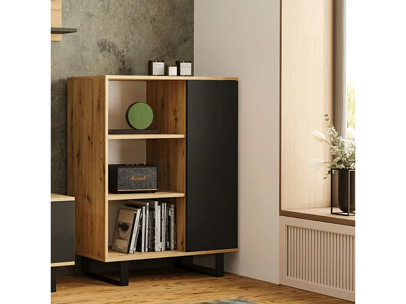 Librería Color Roble artesanal/negro  90x116x40 cm – Estilo Escandinavo con 3 Estantes, 1 Puerta y Patas Metálicas