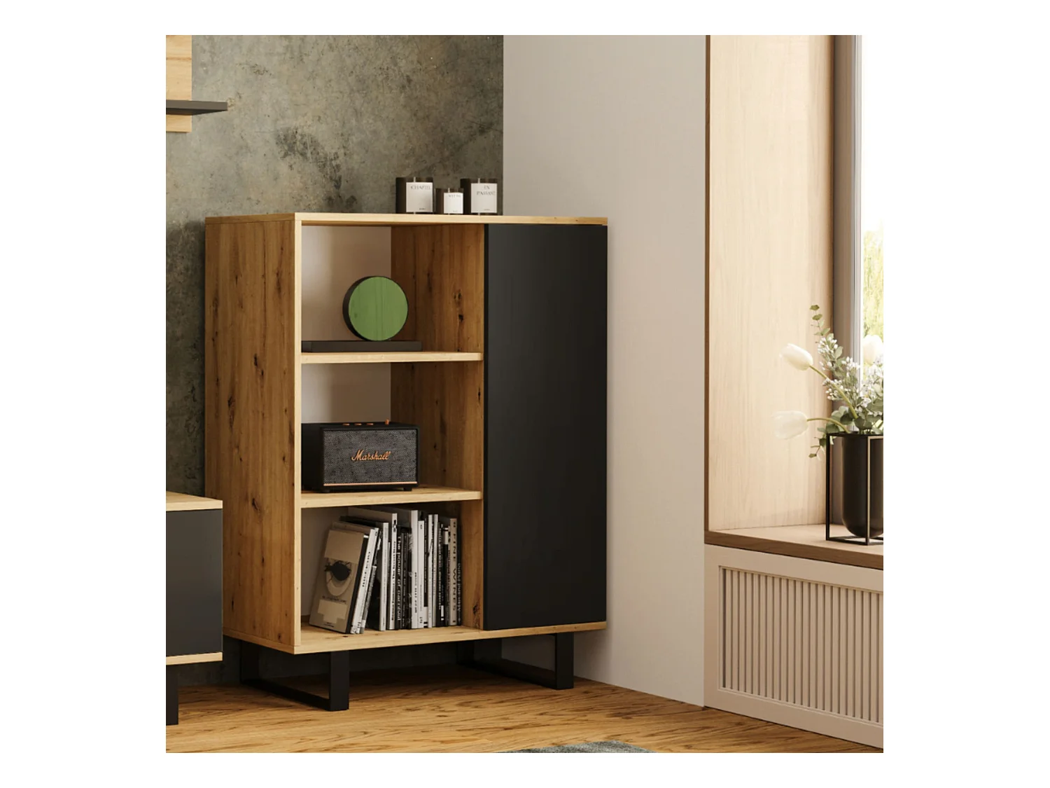 Librería Color Roble artesanal/negro  90x116x40 cm – Estilo Escandinavo con 3 Estantes, 1 Puerta y Patas Metálicas