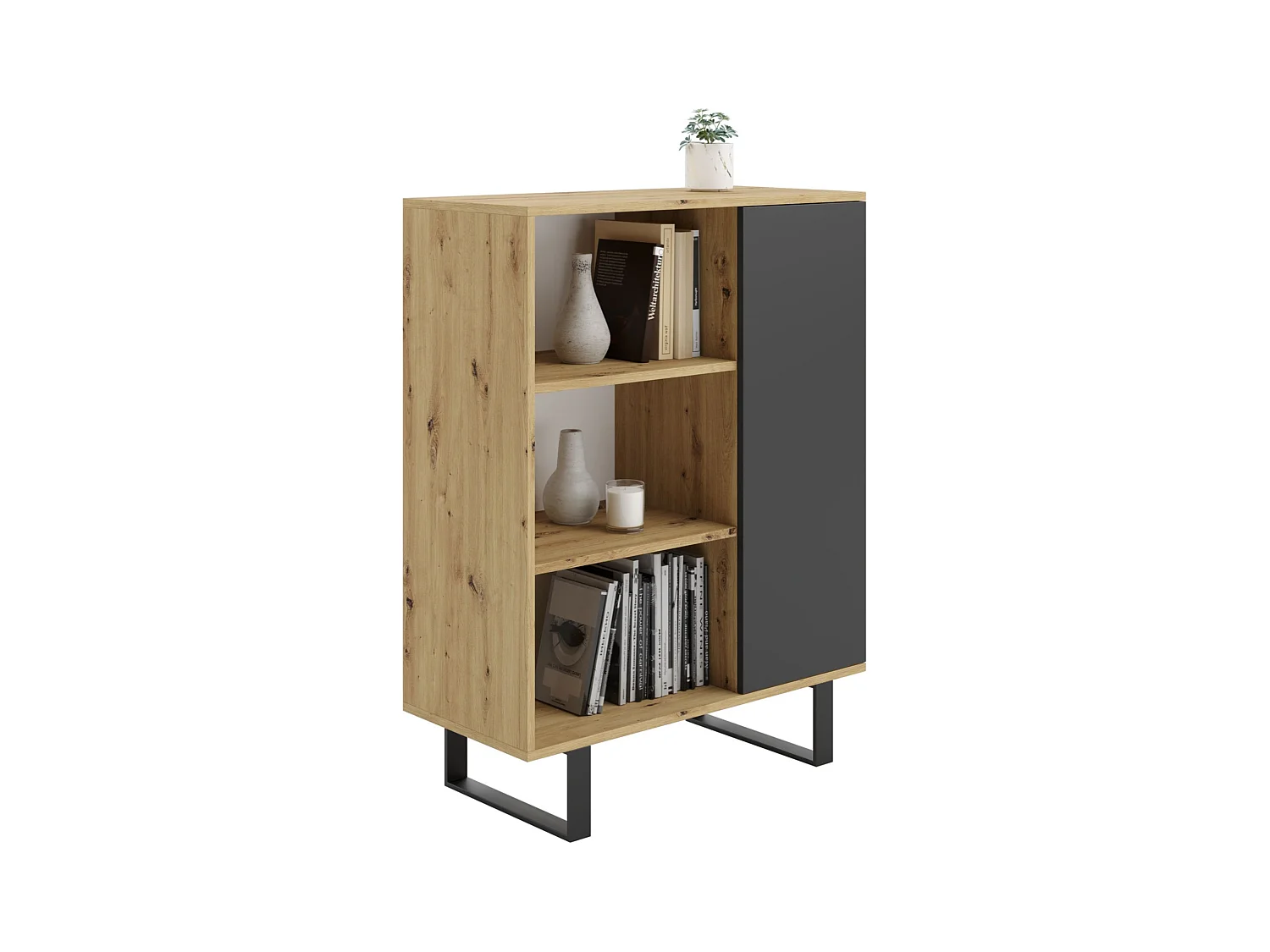 Librería Color Roble artesanal/negro  90x116x40 cm – Estilo Escandinavo con 3 Estantes, 1 Puerta y Patas Metálicas