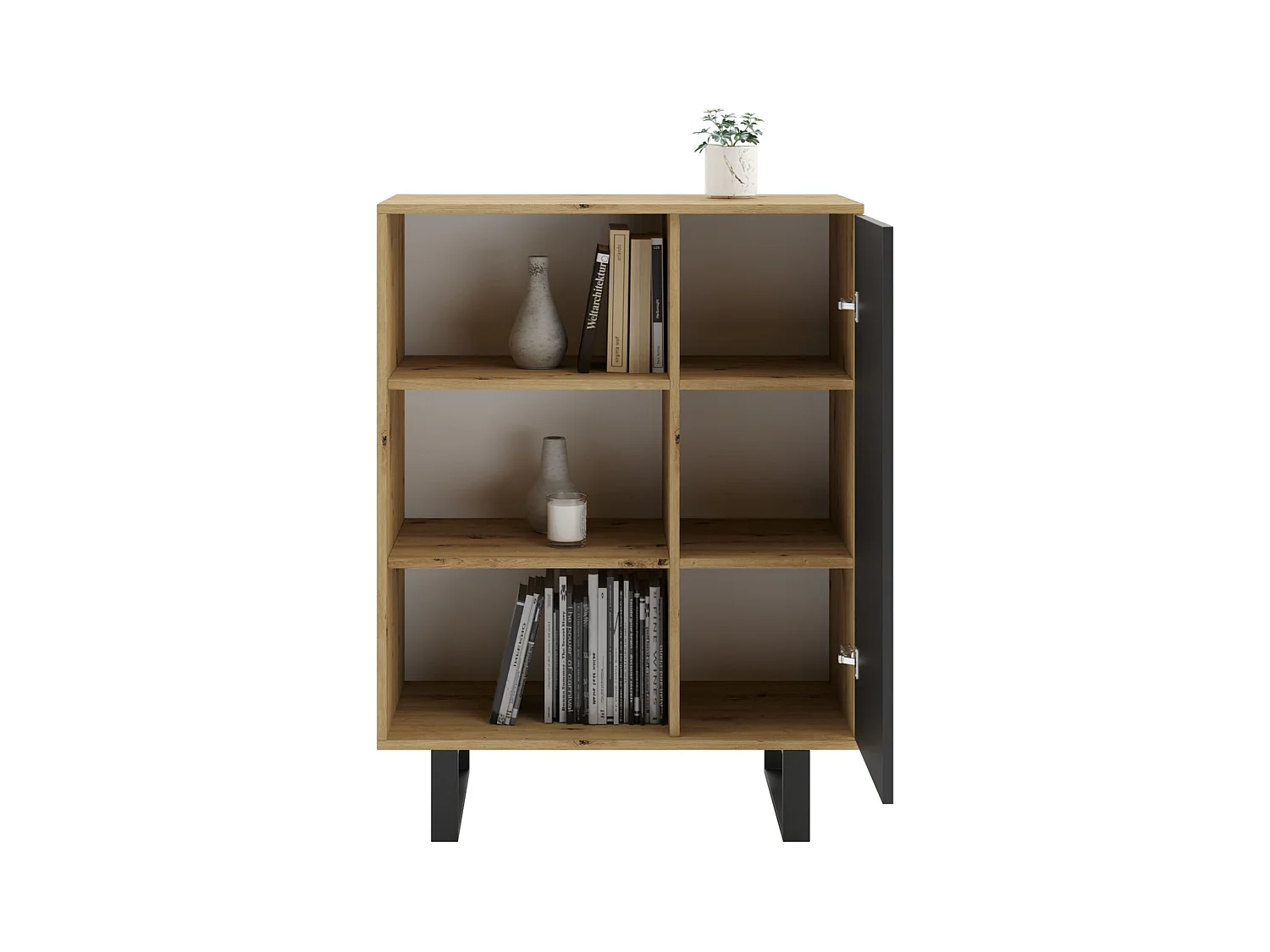 Librería Color Roble artesanal/negro  90x116x40 cm – Estilo Escandinavo con 3 Estantes, 1 Puerta y Patas Metálicas