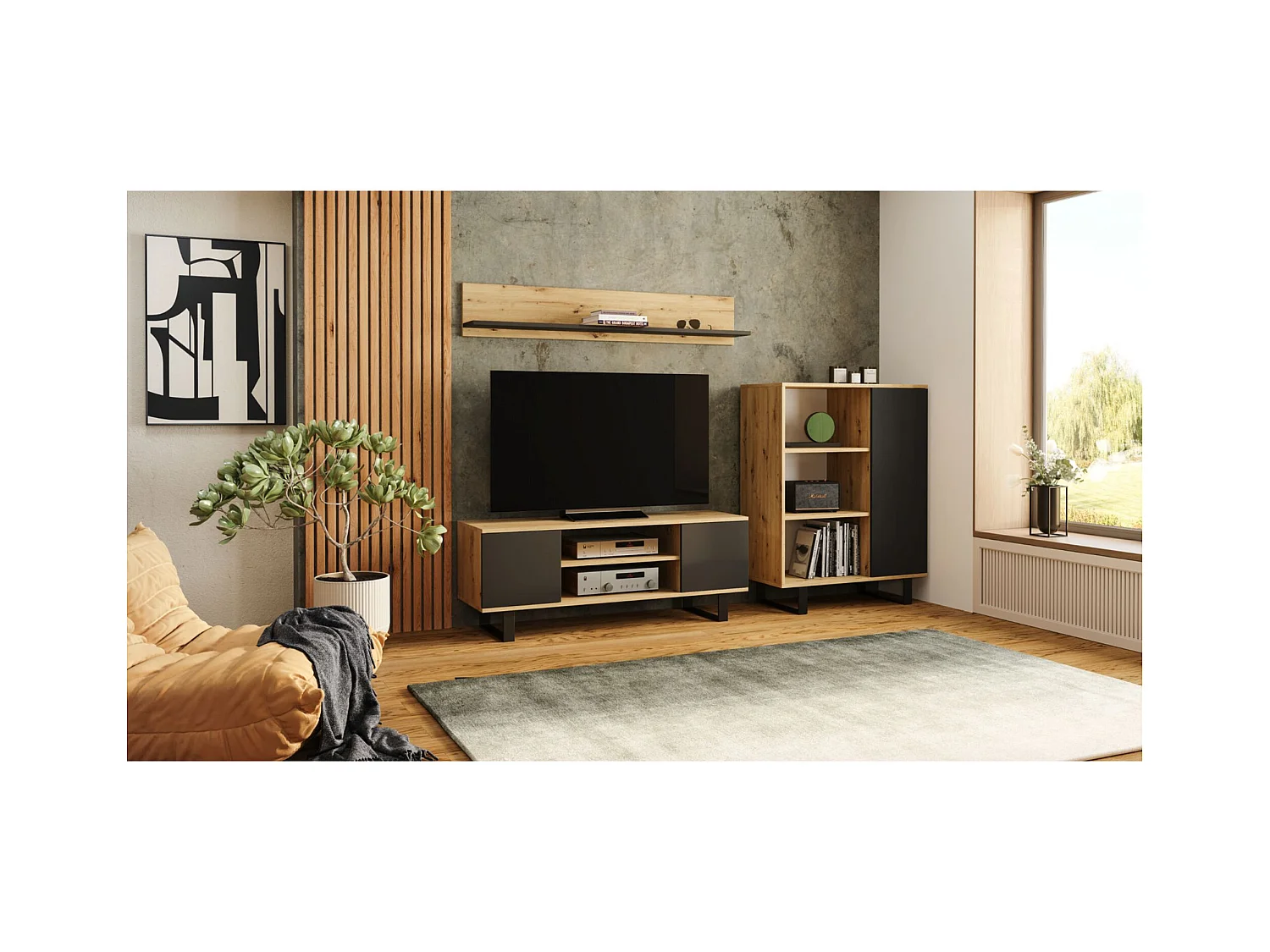 Librería Color Roble artesanal/negro  90x116x40 cm – Estilo Escandinavo con 3 Estantes, 1 Puerta y Patas Metálicas