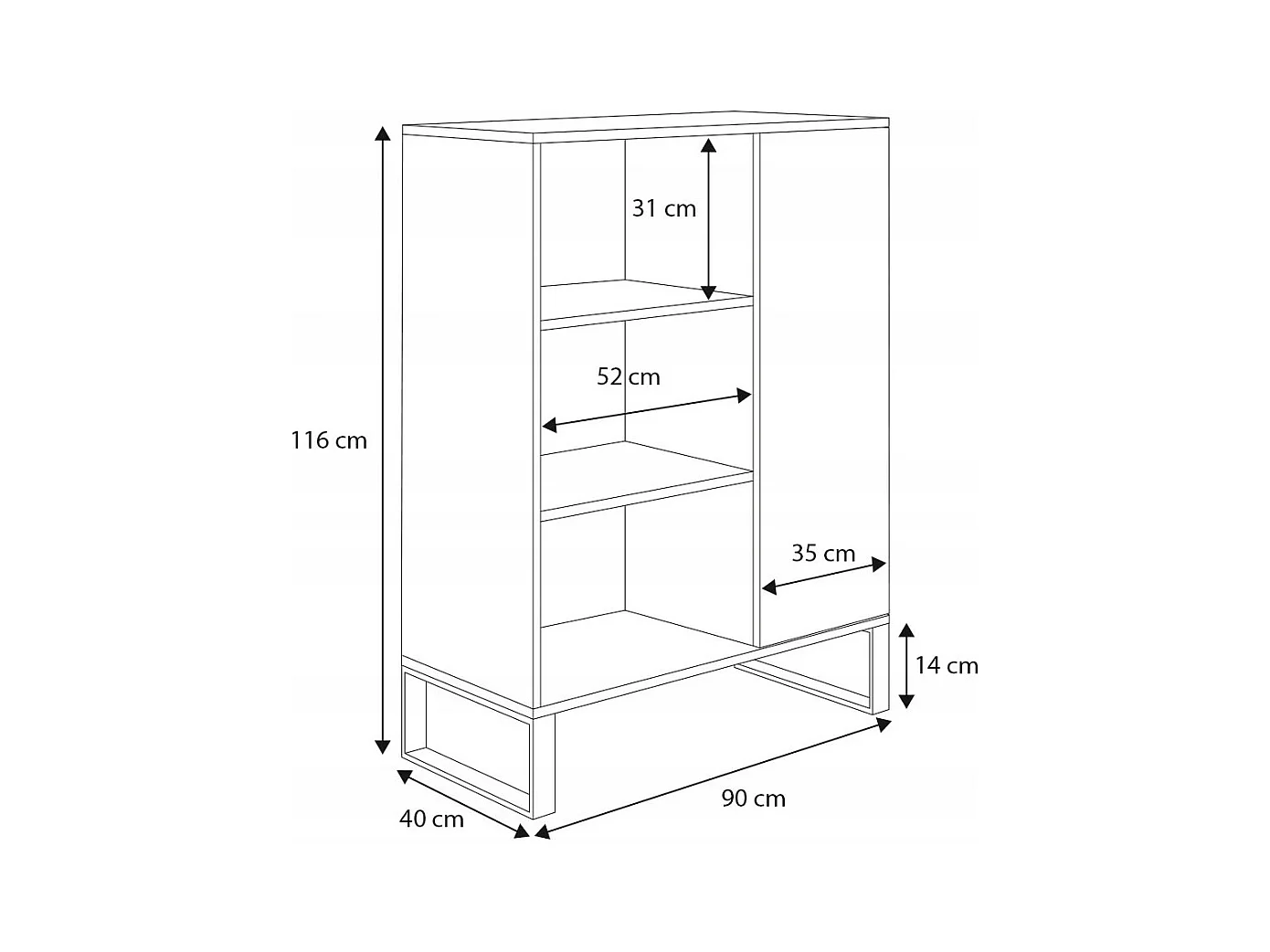 Librería Color Roble artesanal/negro  90x116x40 cm – Estilo Escandinavo con 3 Estantes, 1 Puerta y Patas Metálicas