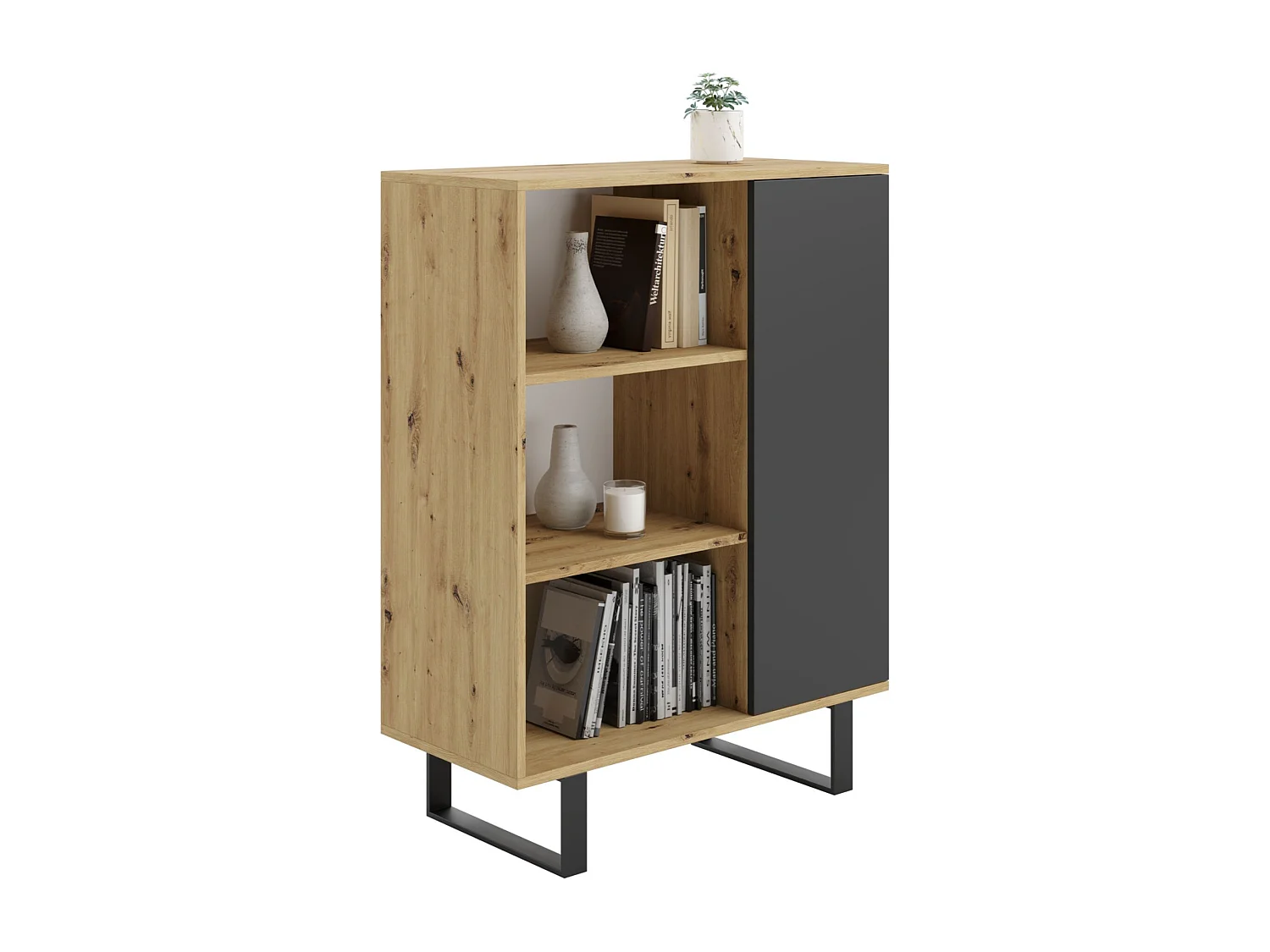 Librería Color Roble artesanal/negro  90x116x40 cm – Estilo Escandinavo con 3 Estantes, 1 Puerta y Patas Metálicas