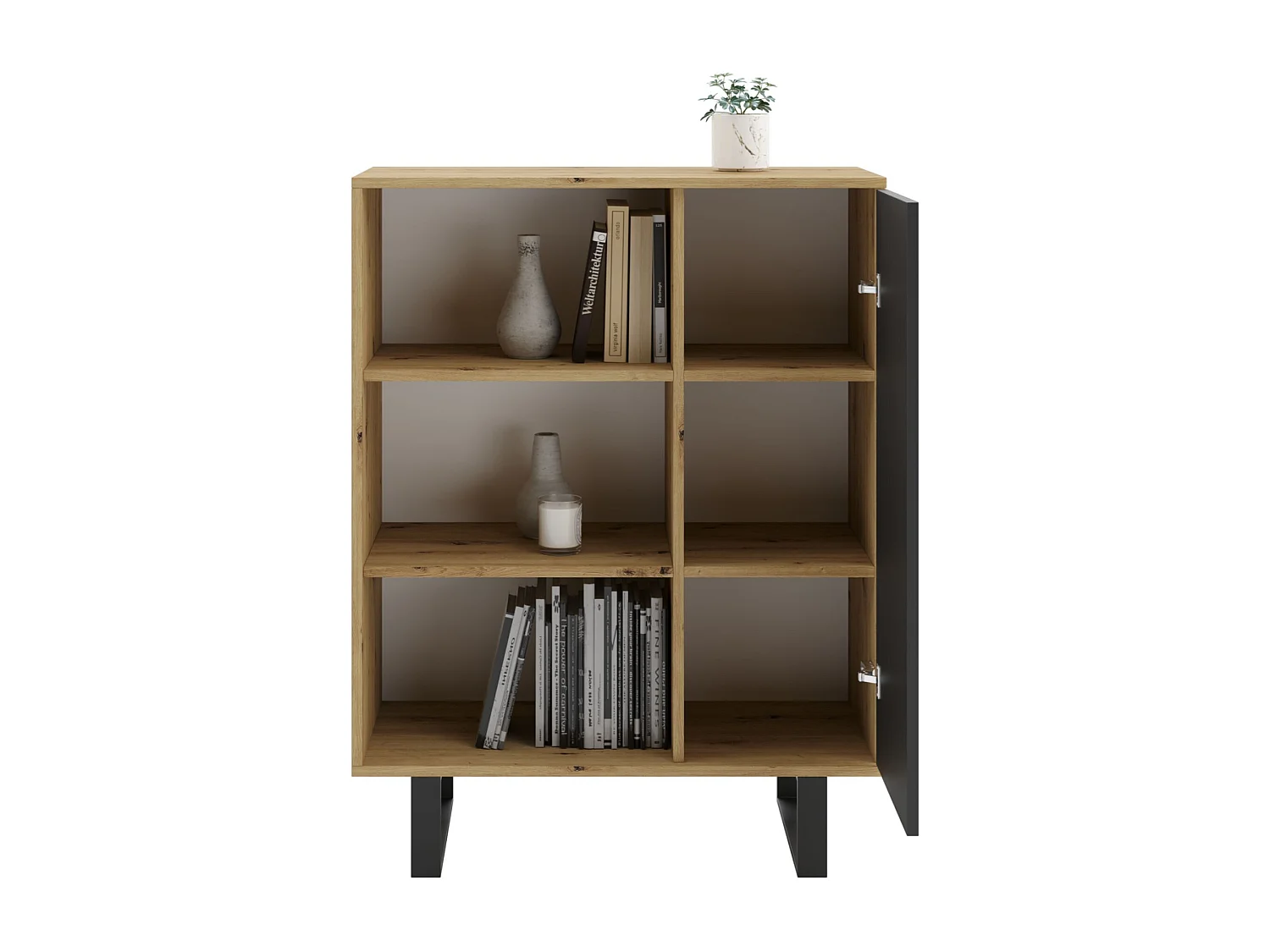Librería Color Roble artesanal/negro  90x116x40 cm – Estilo Escandinavo con 3 Estantes, 1 Puerta y Patas Metálicas