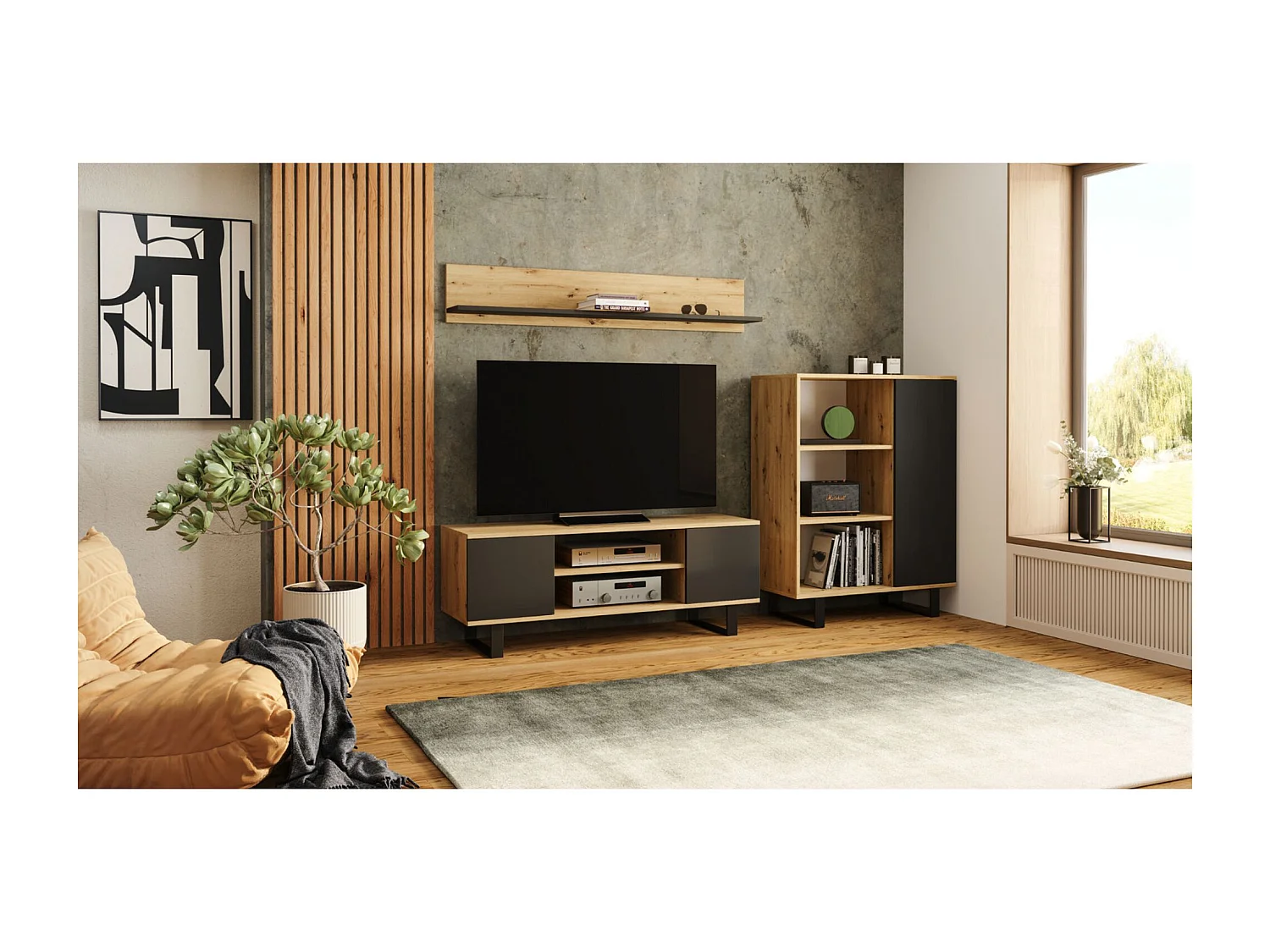 Librería Color Roble artesanal/negro  90x116x40 cm – Estilo Escandinavo con 3 Estantes, 1 Puerta y Patas Metálicas