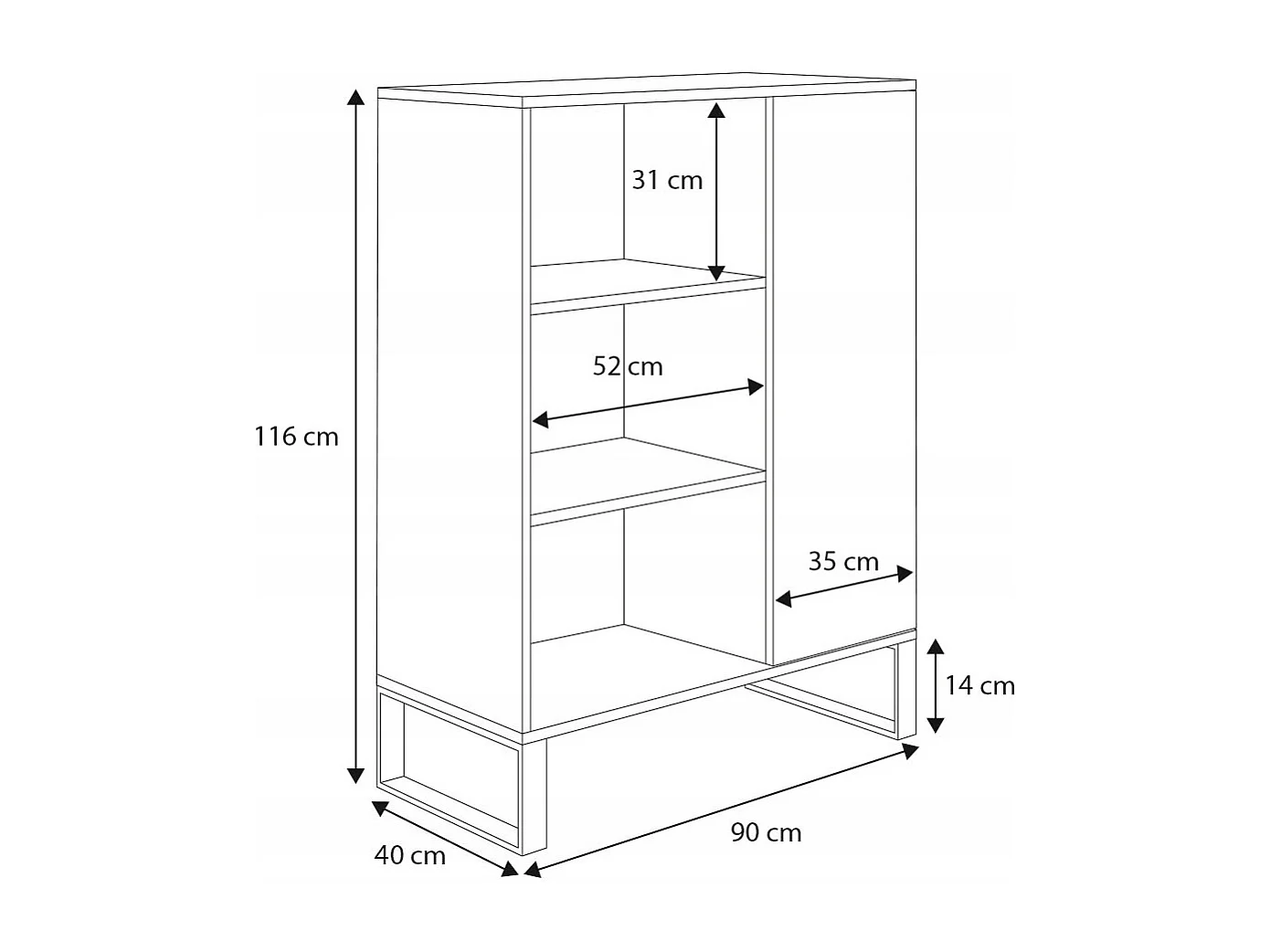 Librería Color Roble artesanal/negro  90x116x40 cm – Estilo Escandinavo con 3 Estantes, 1 Puerta y Patas Metálicas