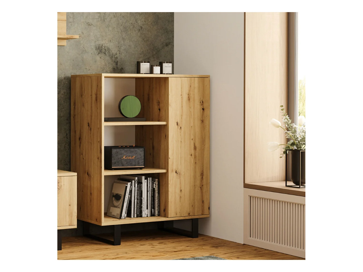 Librería Color Roble artesanal 90x116x40 cm – Estilo Escandinavo con 3 Estantes, 1 Puerta y Patas Metálicas